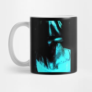 Portrait, digital collage and special processing. Neck close up. Strong guy in leather mask. Bright light blue. Mug